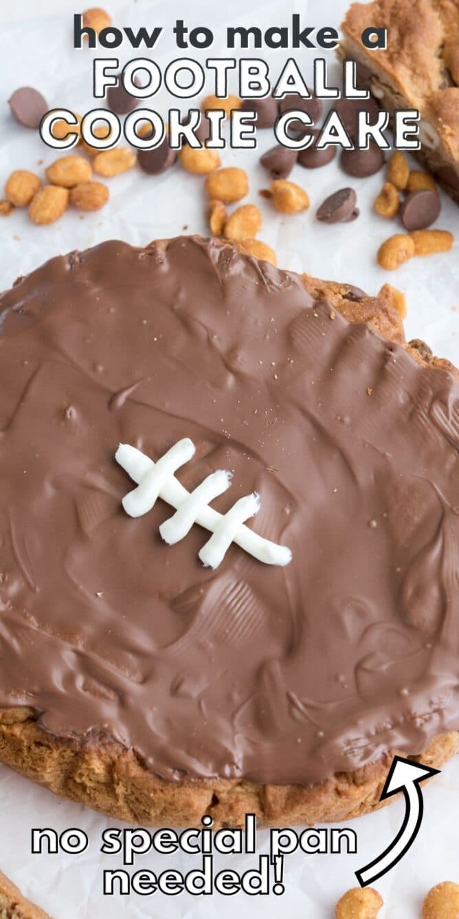 overhead shot of cookie cake decorated like a football with words on photo