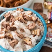 3 ingredient Candy Dip in a blue bowl
