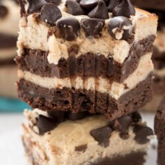 Stack of 4 Layer Peanut Butter Cheesecake Brownies