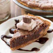 Slice of Chocolate Chess Pie on a white plate
