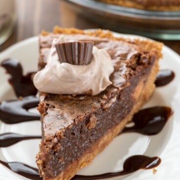 Slice of Chocolate Chess Pie on a white plate