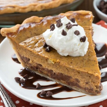 Slice of Chocolate Chip Pumpkin Pie on a white plate