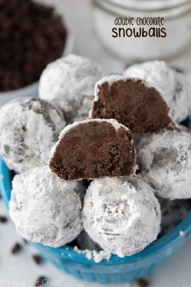 Double Chocolate Snowballs in a blue bowl