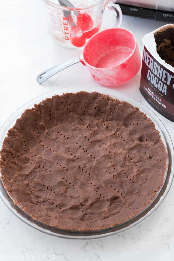 No Roll Chocolate Pie Crust in a glass pie plate