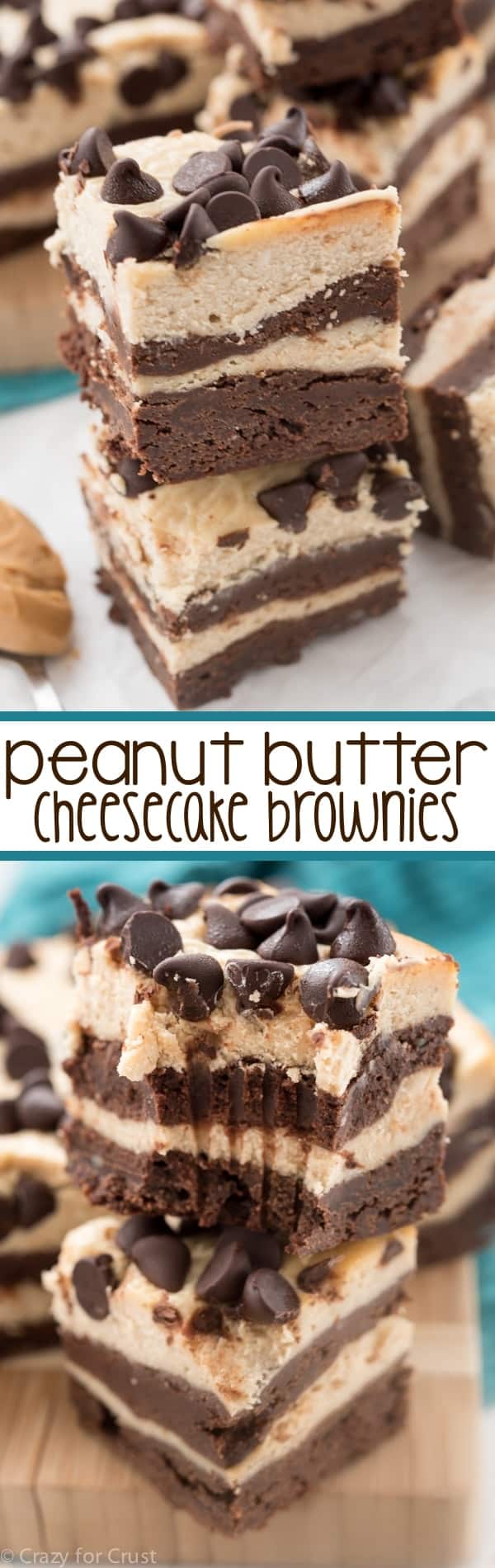 4 Layer Peanut Butter Cheesecake Brownies - this EPIC dessert is actually easy! Four layers of brownie and peanut butter cheesecake make an indulgent dessert!