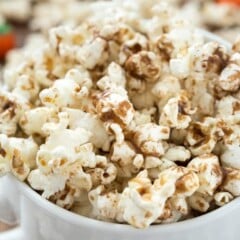 Pumpkin Spice Latte Popcorn in a white bowl