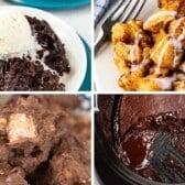 A collage of four Slow Cooker Desserts: chocolate lava cake with ice cream, cinnamon roll pieces with icing, clusters of chocolate-covered treats, and a gooey chocolate cake made in a slow cooker.
