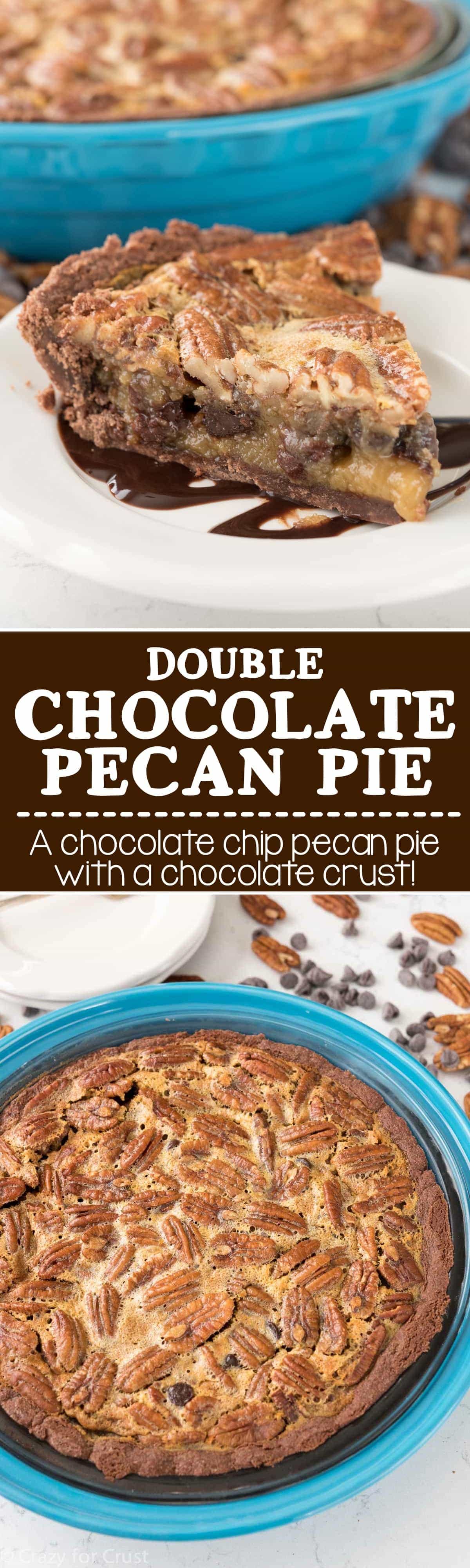 This Double Chocolate Pecan Pie Recipe is an easy pecan pie recipe that's full of chocolate chips and it has an easy no roll chocolate pie crust!