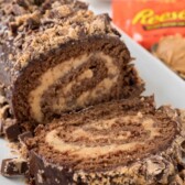 Peanut Butter Cup Cake Roll on a white platter