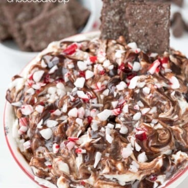 Peppermint Mocha Cheesecake Dip in a red and white bowl