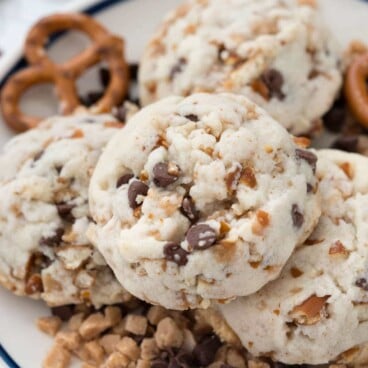 Plate of Pretzel Toffee Shortbread cookies: a fun variation on an old favorite.