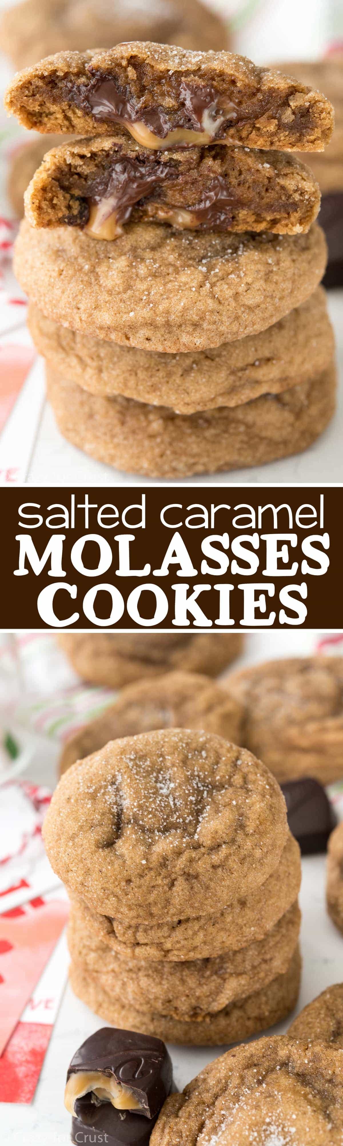 Ooey Gooey Salted Caramel Molasses Cookies - this is the BEST Molasses cookie recipe out there! And it's stuffed with salted caramel chocolate candy!