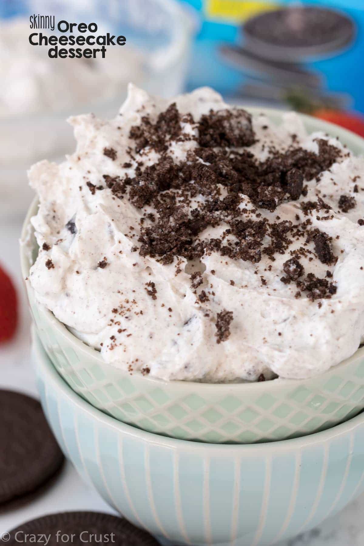 Skinny Oreo Cheesecake Dessert - this easy no-bake Oreo Cheesecake can be used as a dip or eaten with a spoon. And it has less fat and sugar and more protein!