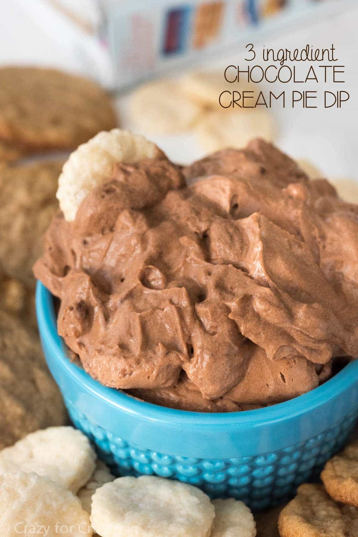 Chocolate Cream Pie Dip - it only has 3 ingredients! This EASY dip recipe is served with pie crust dippers and cookies for a fun party treat.