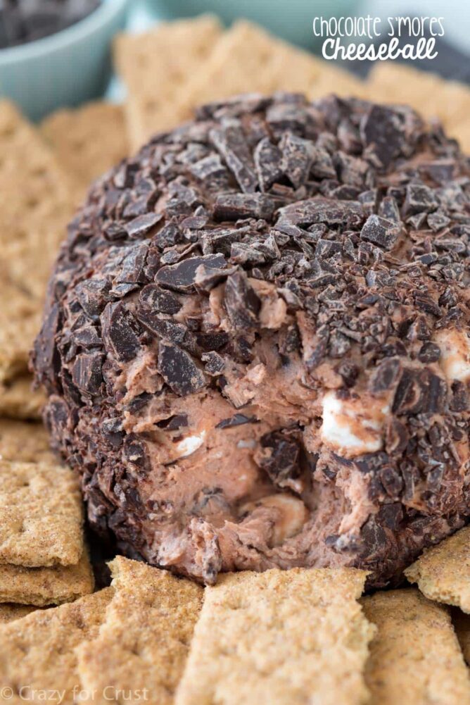 Chocolate S'mores Cheeseball with graham crackers and title