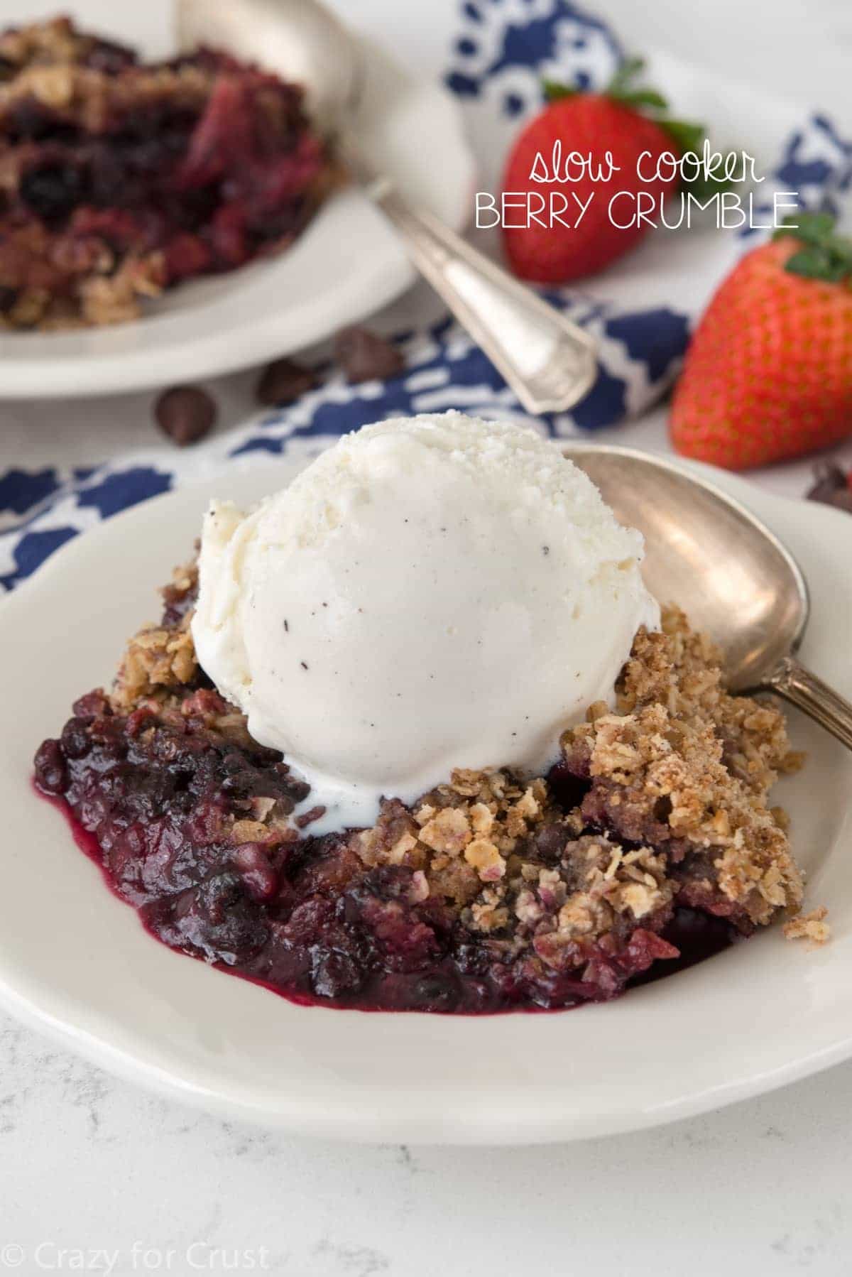Slow Cooker Berry Crumble - this EASY recipe makes crumble in a crockpot! It's like a cookie on top of fruit, it's low sugar, and it's gooey and perfect.
