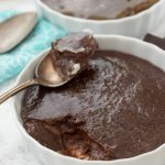 spoon scooping easy chocolate creme brulee with text at top