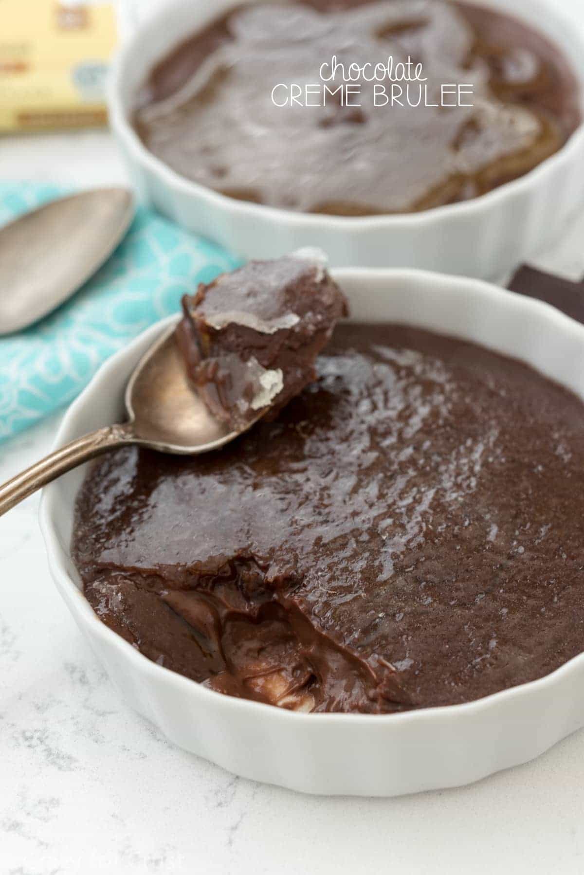 Easy Chocolate Creme Brulee for two! This easy recipe is no bake and there are no eggs - just tons of chocolate and creme brulee flavor!