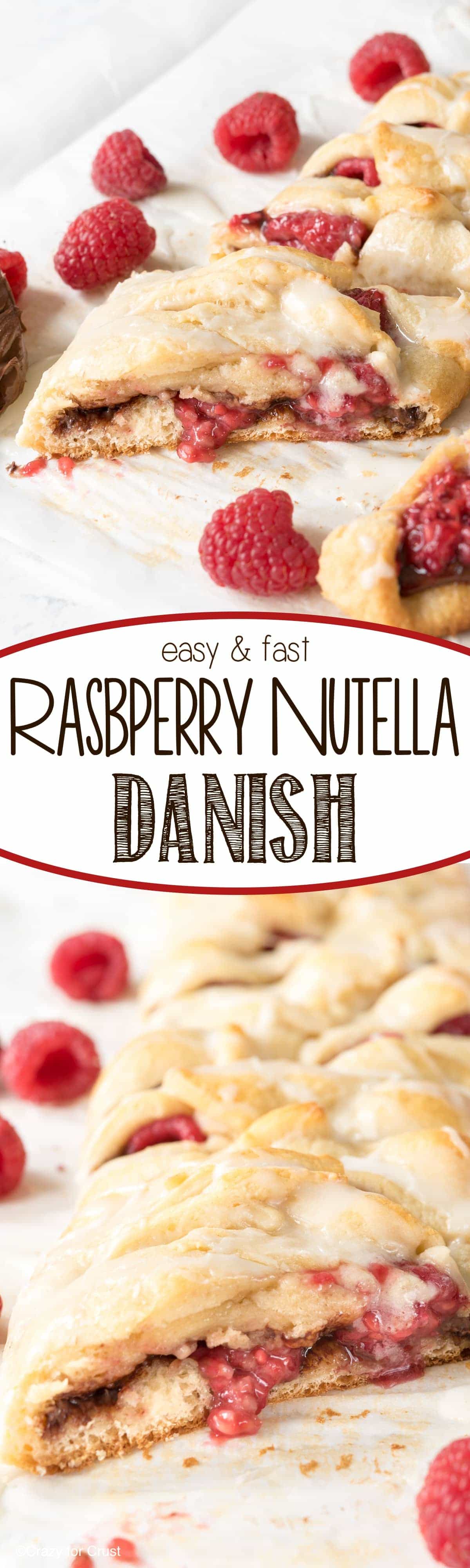 Easy Raspberry Nutella Danish Recipe - this breakfast pastry is so easy to make and is full of Nutella and raspberries!! Only 3 main ingredients and it's on the table in under 30 minutes!