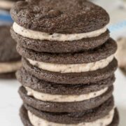 These Homemade Cookies 'n Cream Oreos have cookie cream between two soft, chocolate cookies.