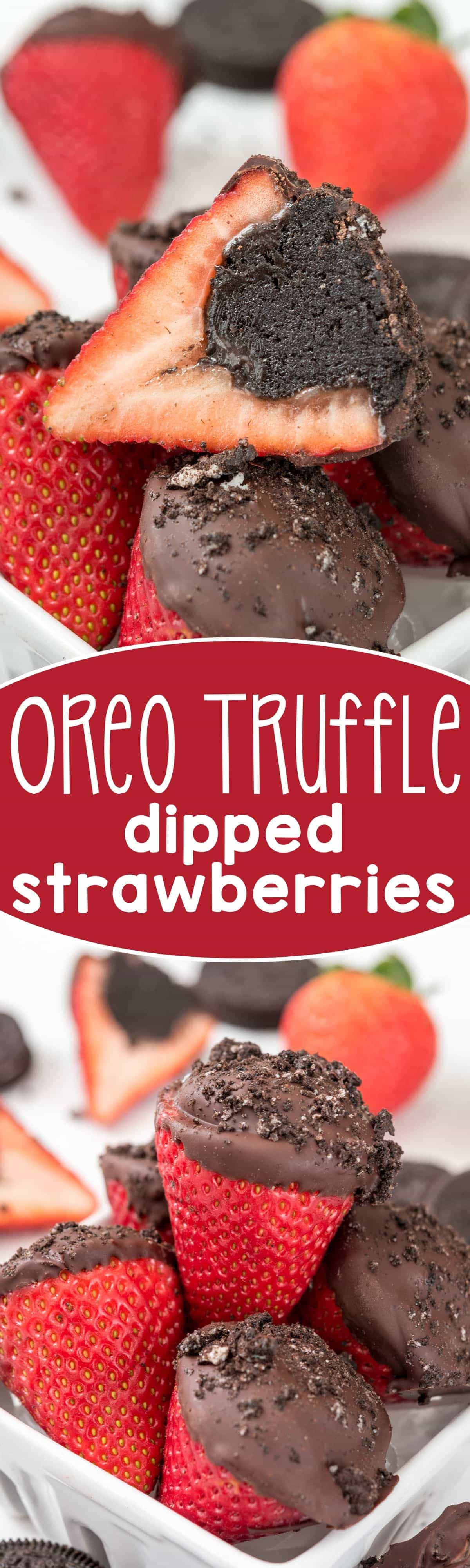 Oreo Truffle Dipped Strawberries - an easy treat for the one you love! Stuff strawberries with an Oreo truffle before you dip - genius!