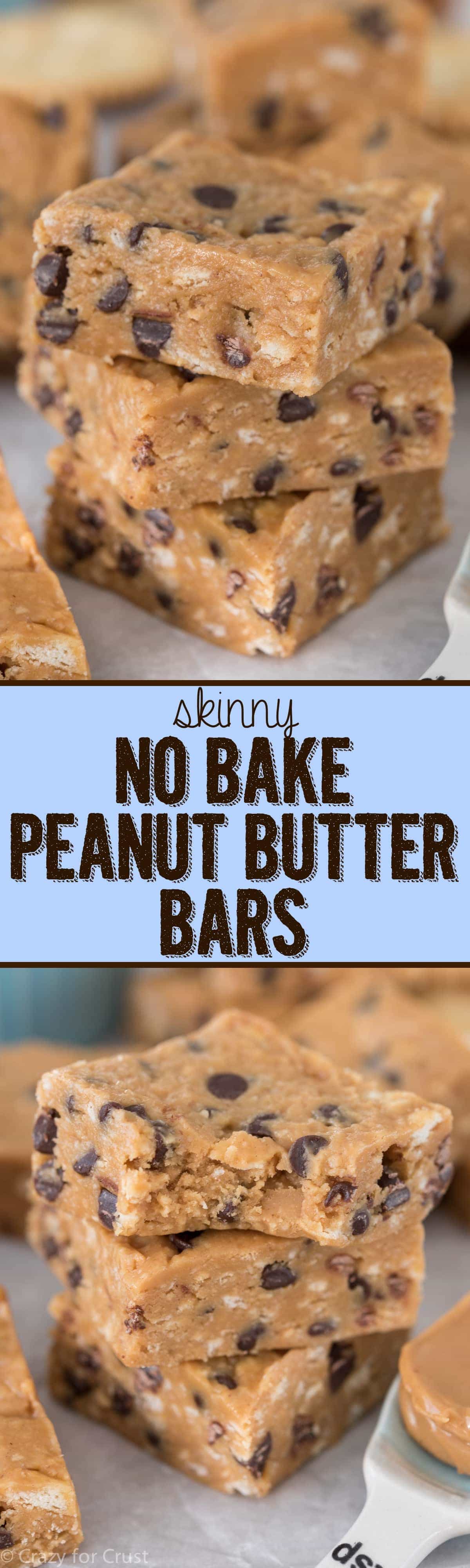 Skinny No Bake Peanut Butter Bars - this easy peanut butter bar recipe has way less calories and fat than the regular version and they're JUST as good if not better!