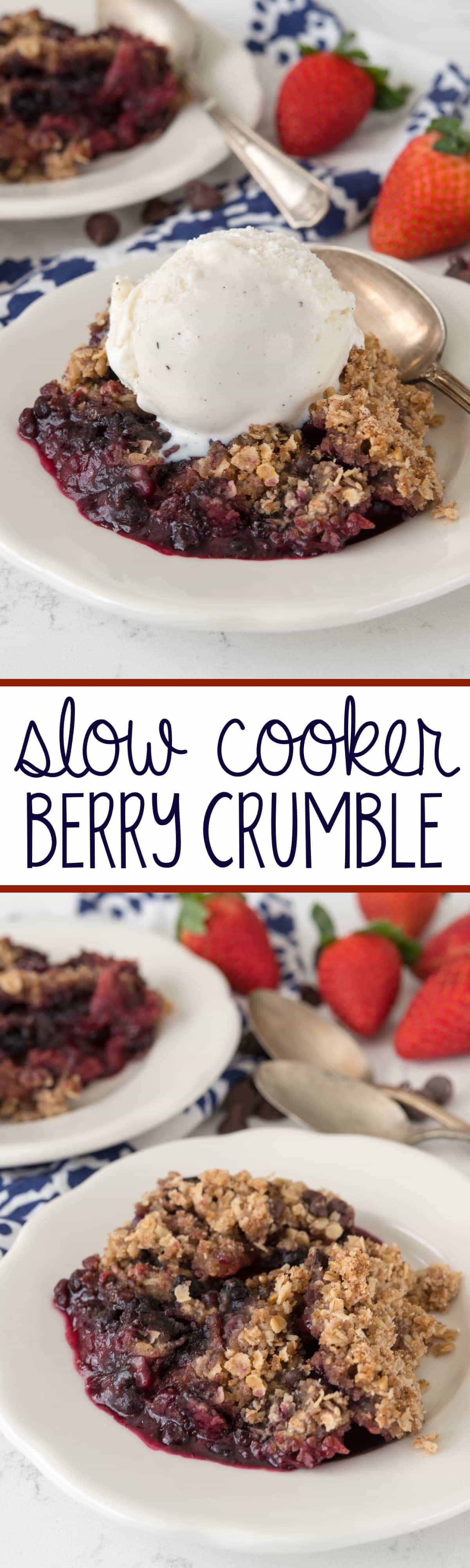 Slow Cooker Berry Crumble - this EASY recipe makes crumble in a crockpot! It's like a cookie on top of fruit, it's low sugar, and it's gooey and perfect.