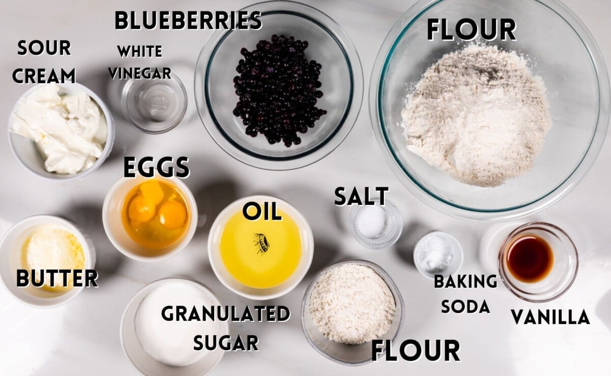 ingredients in blueberry cream cheese muffins laid out on a white counter.