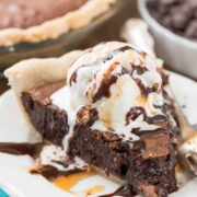 Slice of brownie pie with ice cream on top