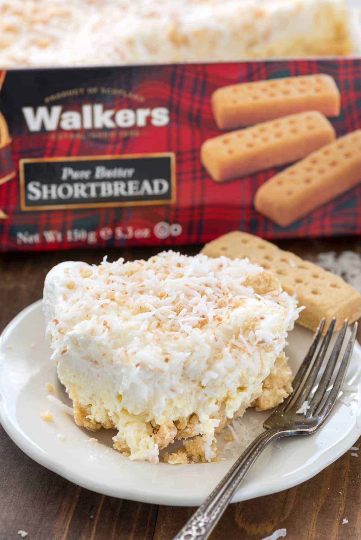 Coconut Cheesecake No Bake Dessert Recipe made with a Walkers Shortbread Cookie Crust
