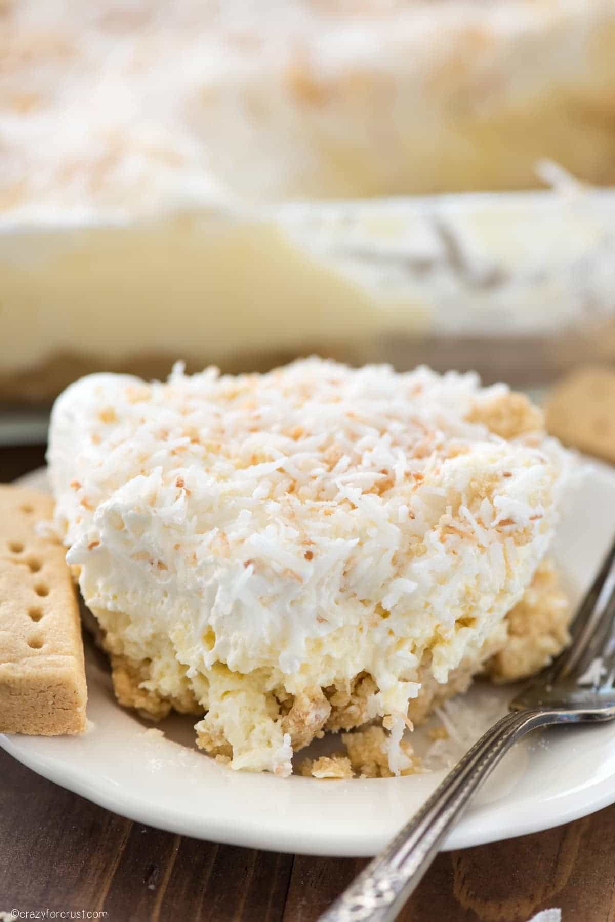 Coconut Cheesecake No Bake Dessert - this no bake coconut lush recipe is perfect for a party! Coconut cheesecake on top of a shortbread crust - heavenly!