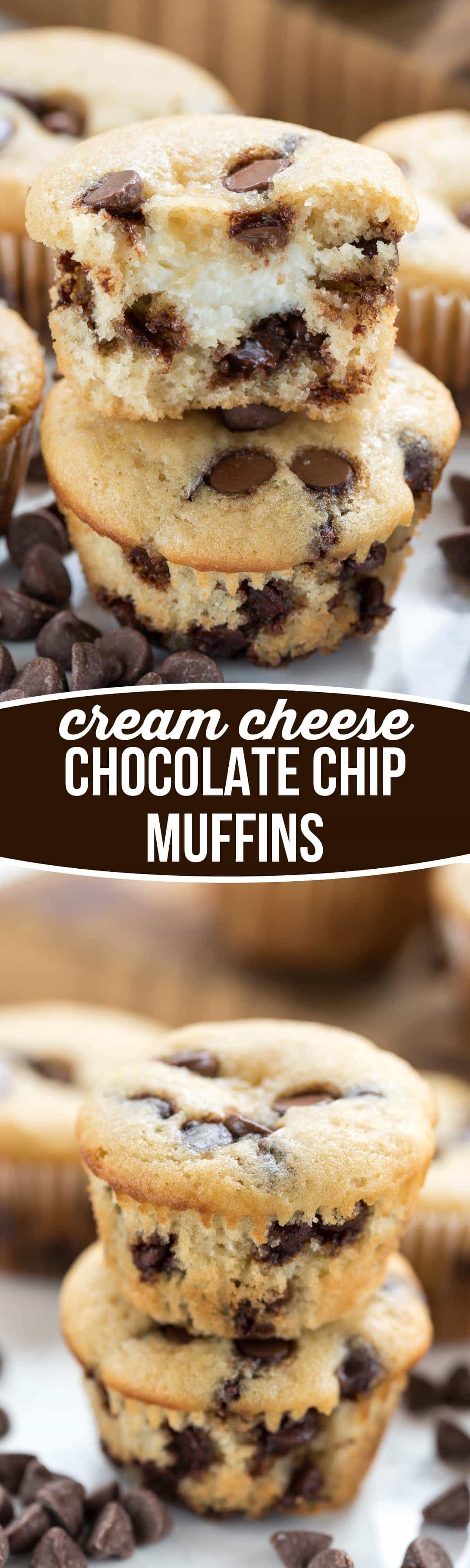 Cream Cheese filled Chocolate Chip Muffins - this easy muffin recipe is filled with chocolate chips and a sweet cream cheese surprise inside!