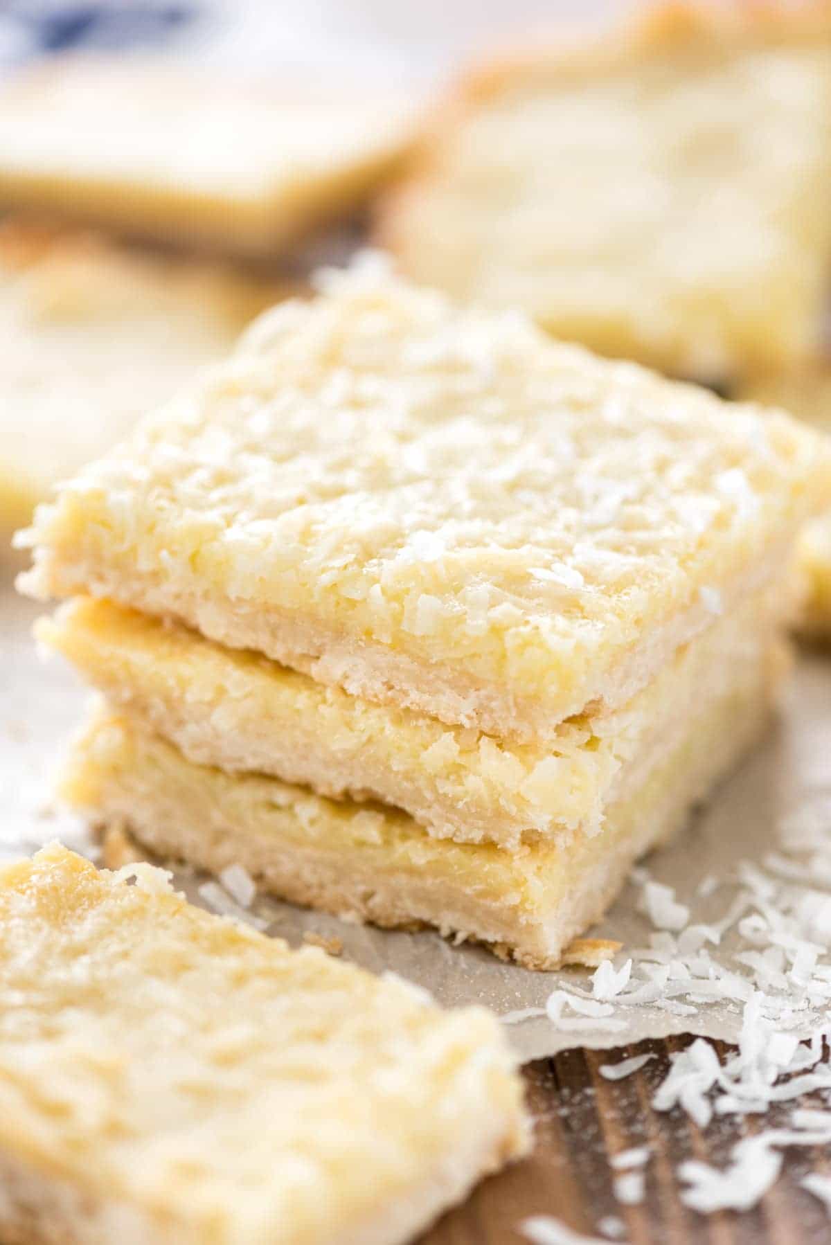 Gooey Coconut Pie Bars - this easy bar recipe has a shortbread crust topped with a gooey coconut filling. The perfect gooey coconut bar!