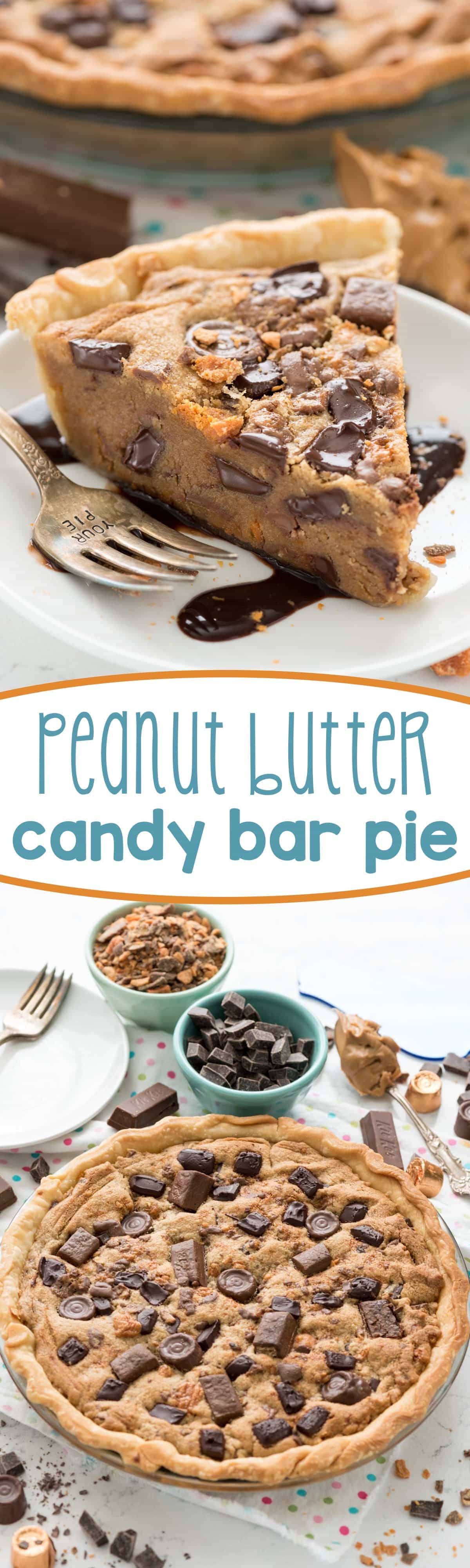 Peanut Butter Candy Bar Pie - this easy peanut butter cookie pie recipe is filled with candy bars! It's a giant cookie with a crust - heaven!