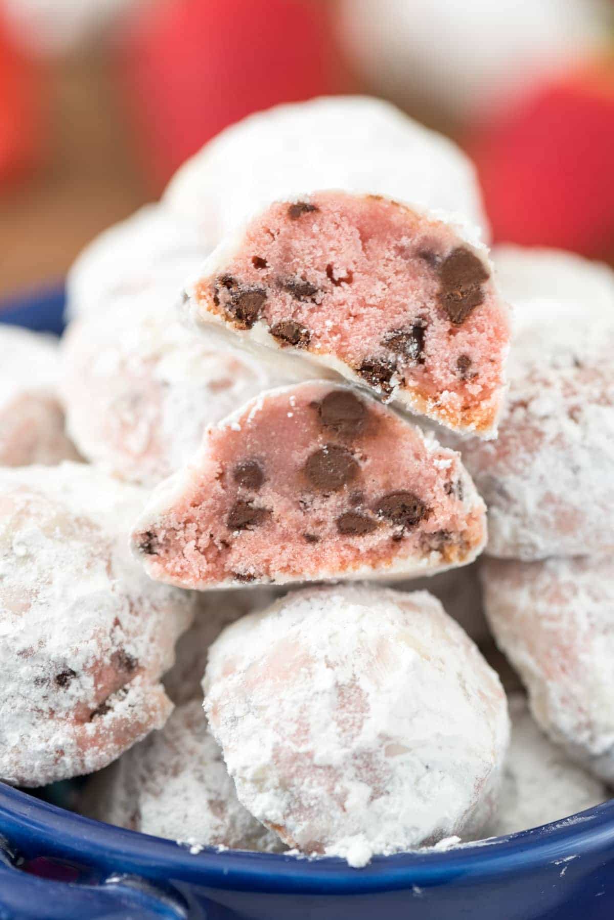 Strawberry Chocolate Chip Snowball Cookies - this easy tea cake recipe is flavored with strawberry extract!