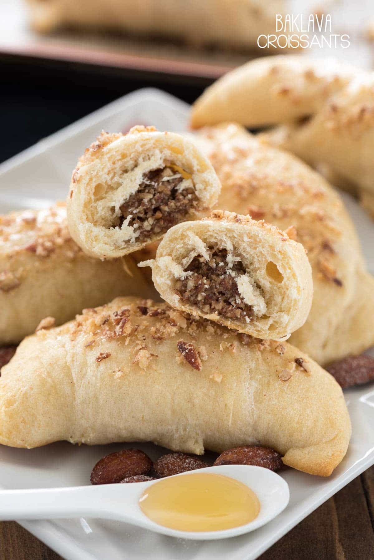 Almond Baklava Croissants - these easy croissants have only 4 ingredients! They taste like almond baklava for brunch!