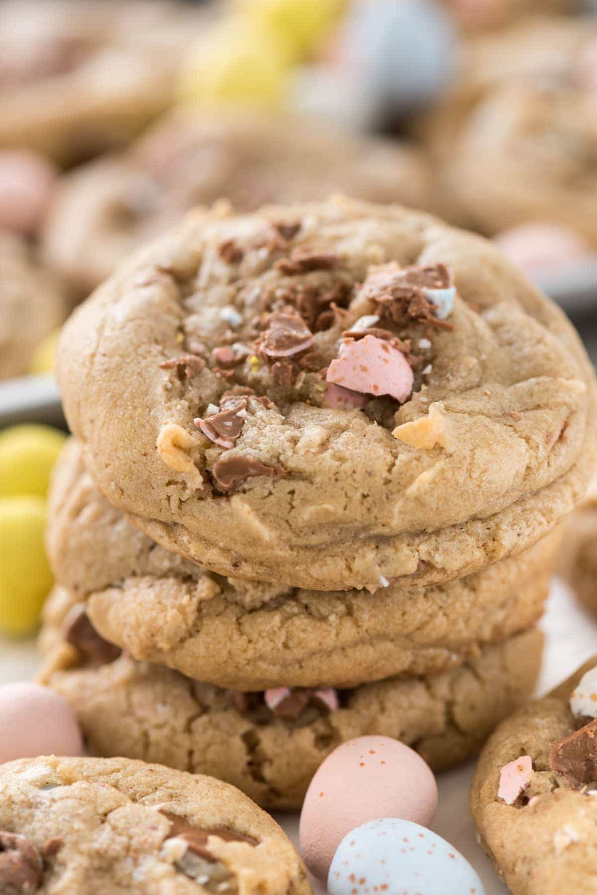 Cadbury Egg Cookies - this easy chocolate chip cookie recipe is filled with Cadbury Mini Eggs! They're the perfect Easter dessert.