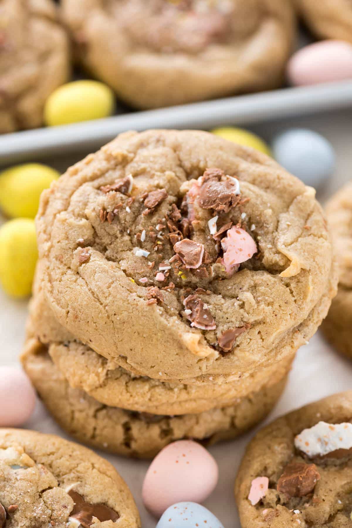 Cadbury Egg Cookies - this easy chocolate chip cookie recipe is filled with Cadbury Mini Eggs! They're the perfect Easter dessert.
