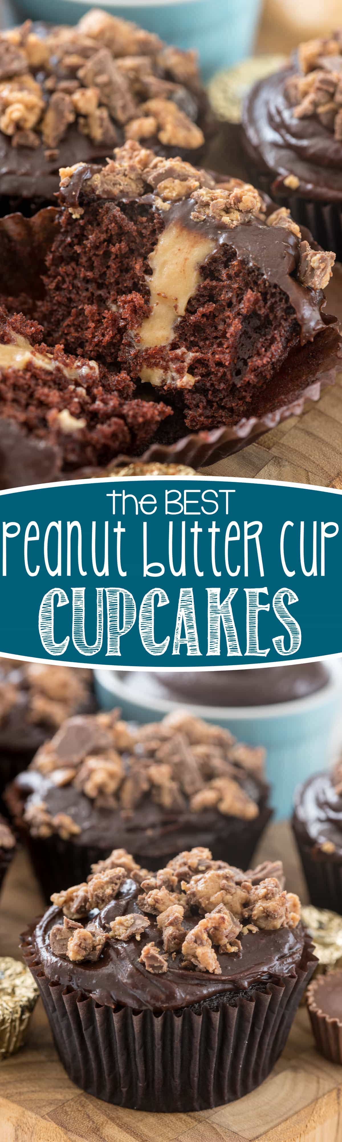 Peanut Butter Cup Cupcakes - this EASY chocolate cupcake recipe has the BEST chocolate frosting and a peanut butter filling that's to die for. EVERYONE loved these cupcakes!