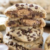 Stack of reese's stuffed chocolate chip cookies showing inside