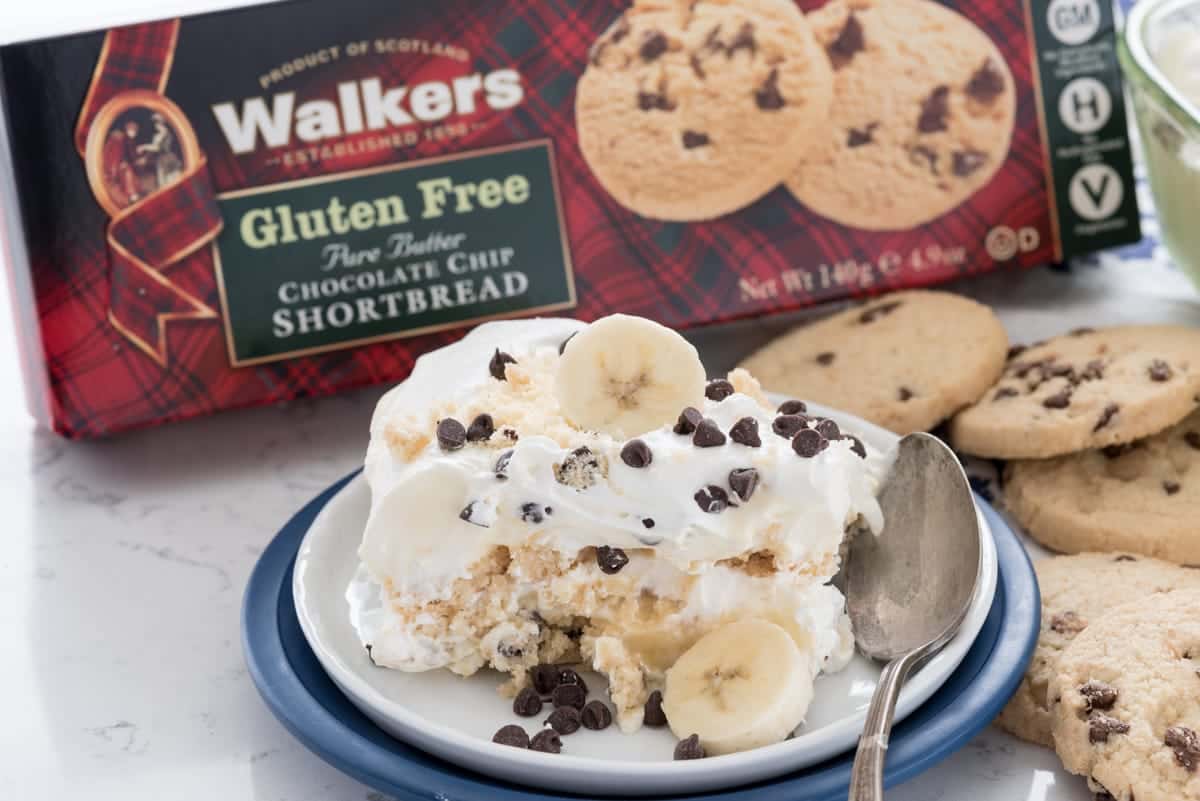 Banana Chocolate Chip Shortbread Icebox Cake made with Walkers shortbread