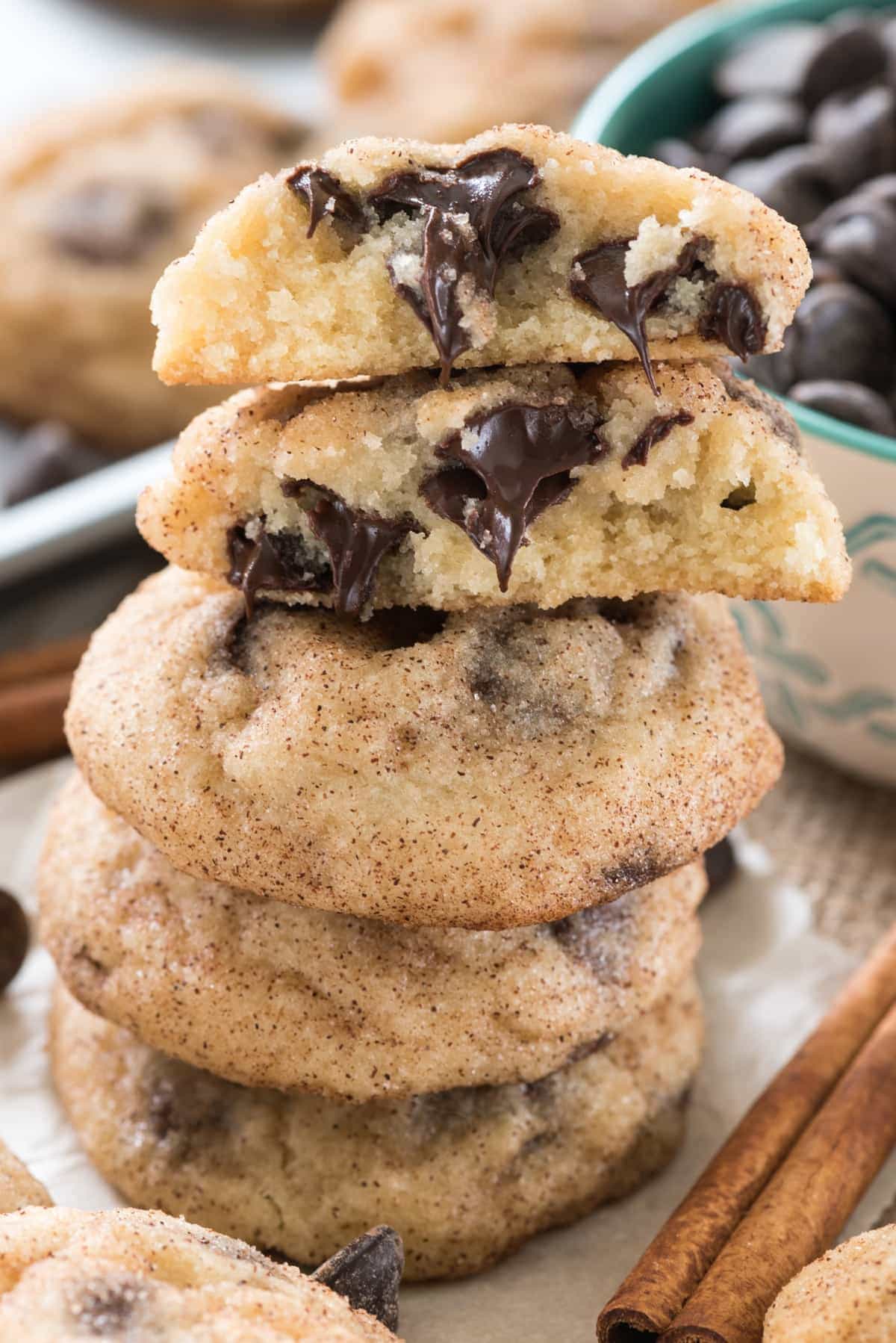 Chocolate Chip Snickerdoodles - this easy snickerdoodle recipe is FILLED with chocolate chips. If you haven't tried chocolate chips in snickerdoodle cookies you're missing out!
