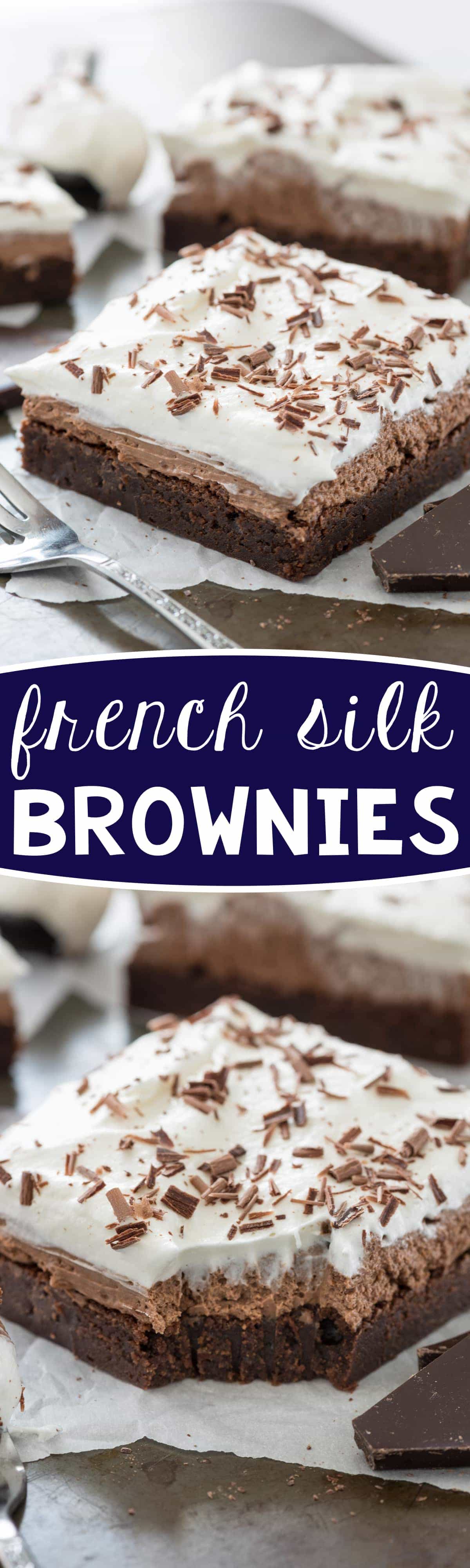 French Silk Brownies Recipe - make this an easy recipe by using a box brownie mix! The french silk recipe is egg-free. Everyone loved this recipe - it's EPIC!
