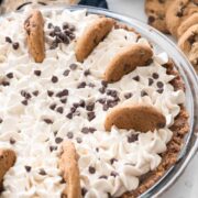 Overhead shot of full no bake chocolate chip cookie pudding pie