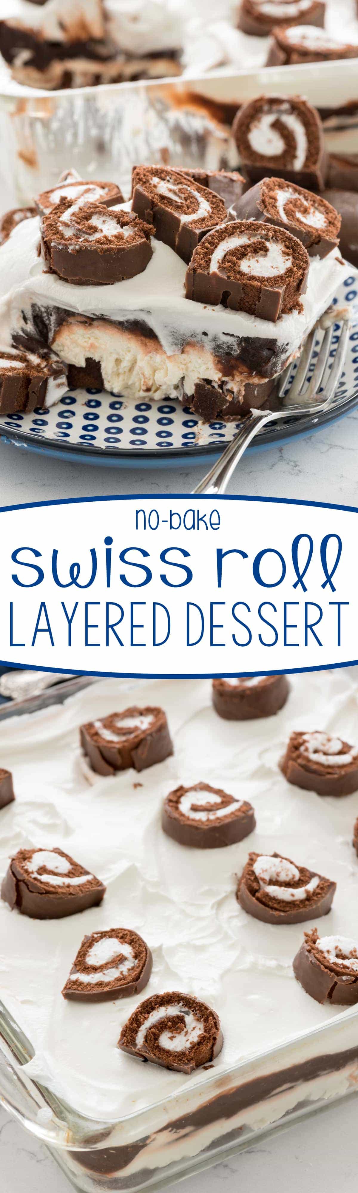 Swiss Roll Layered No Bake Dessert - this easy recipe combines Little Debbie snack rolls with layers of pudding and whipped cream for the perfect easy dessert recipe!