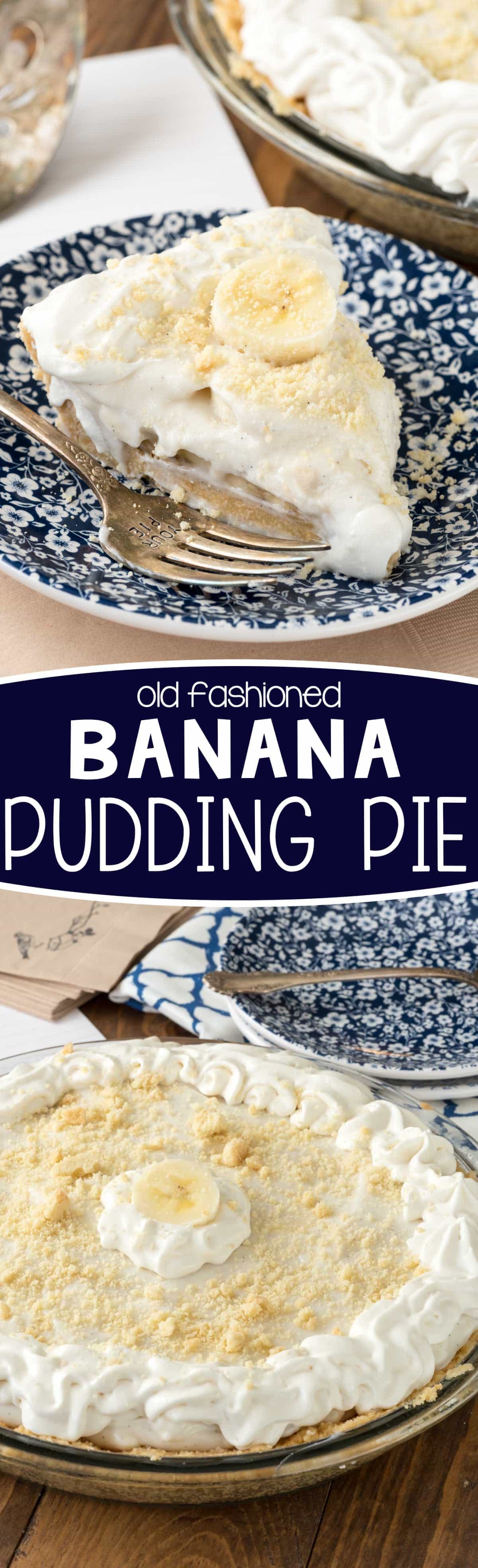 Old Fashioned Banana Pudding Pie - this easy pie recipe is completely NO BAKE! Shortbread crust, homemade pudding and whipped cream, layered with bananas. We couldn't stop eating this pie!