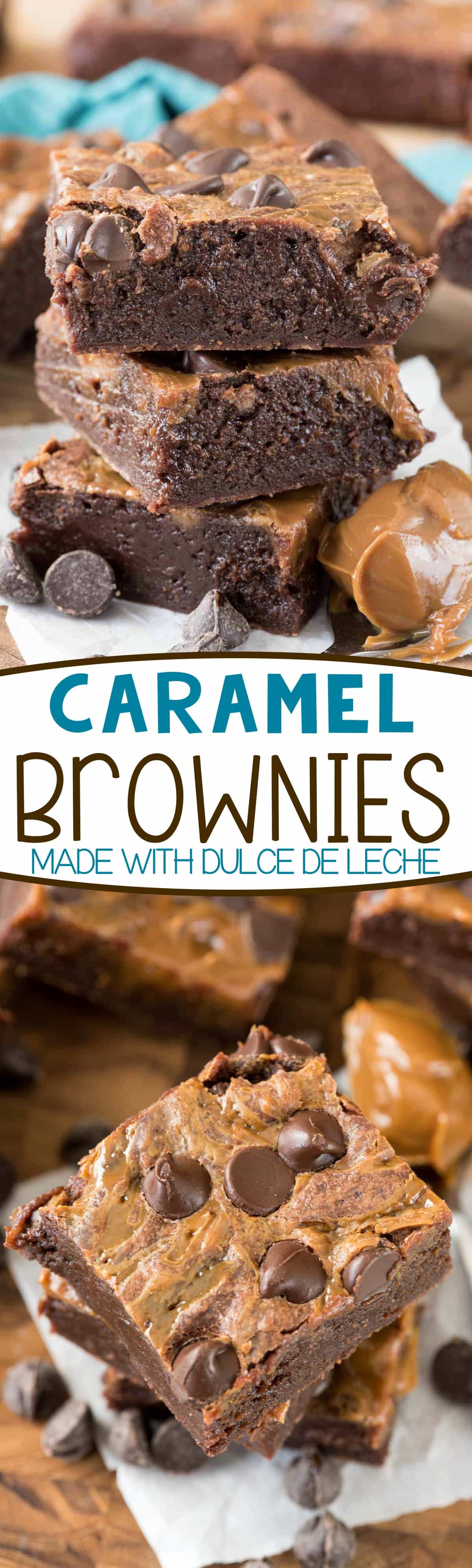 Fudgy Caramel Brownies - this easy brownie recipe is topped with caramel dulce de leche. The brownies are SO fudgy! We ate them all in a day! 