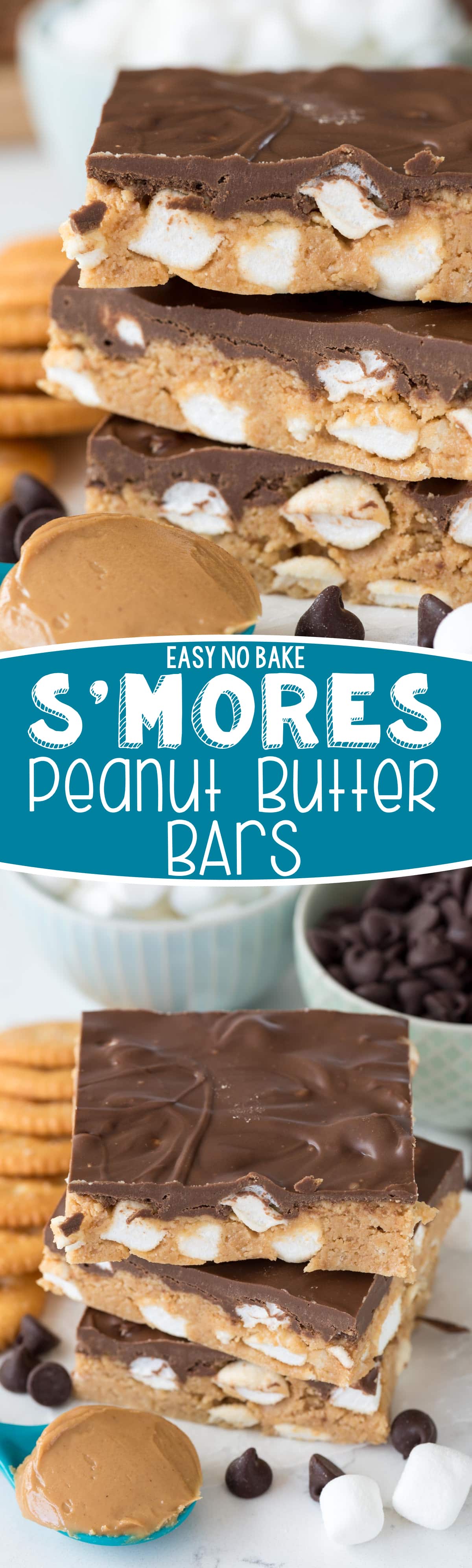 No Bake S'more Peanut Butter Bars - this easy no bake peanut butter bars recipe is filled with marshmallows to make them like s'mores!