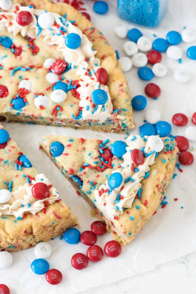 Fireworks Sugar Cookie Cake with one slice cut out