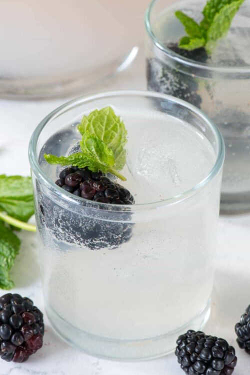 Fruit cocktail in a small glass with mint leaves